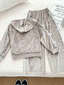 Genkimix Kids Fashionable Korean Style Tween Girls 2 Pieces Set, Includes Hooded Zipper Jacket With Ribbon Bow Decor And Loose Wide Leg Pants, Sporty Vibe, Autumn/Winter - Grey - View 1