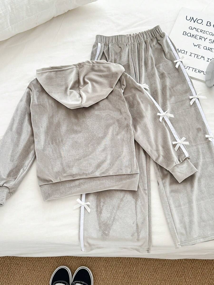 Genkimix Kids Fashionable Korean Style Tween Girls 2 Pieces Set, Includes Hooded Zipper Jacket With Ribbon Bow Decor And Loose Wide Leg Pants, Sporty Vibe, Autumn/Winter - Grey - View 1