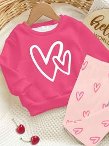 Pink & Cream, Cute & Sweet Girly Heart Series, Baby Girl Casual Comfortable Soft Warm Crew Neck Long Sleeve Sweatshirt And Leggings Set, Suitable For Autumn/Winter Daily Wear, New Year, Outings, Home - Multicolor - View 4