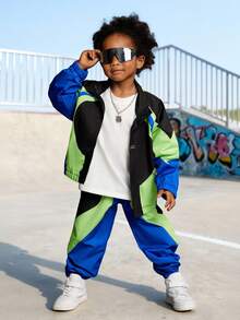 SHEIN Explorewe 2pcs Young Boy Casual Colorblock Jacket And Tapered Pants Set Chic Outfits For Autumn/Winter - Multicolor - View 1