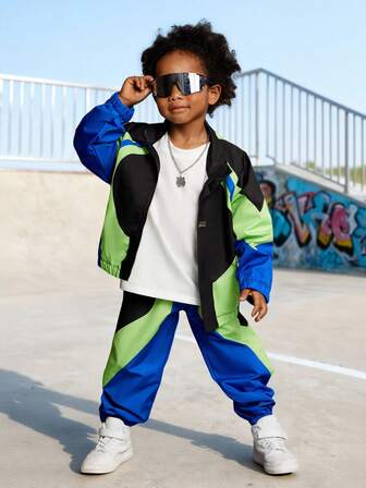 SHEIN Fantacosmos 2 件装男童休闲拼色夹克和锥形裤套装