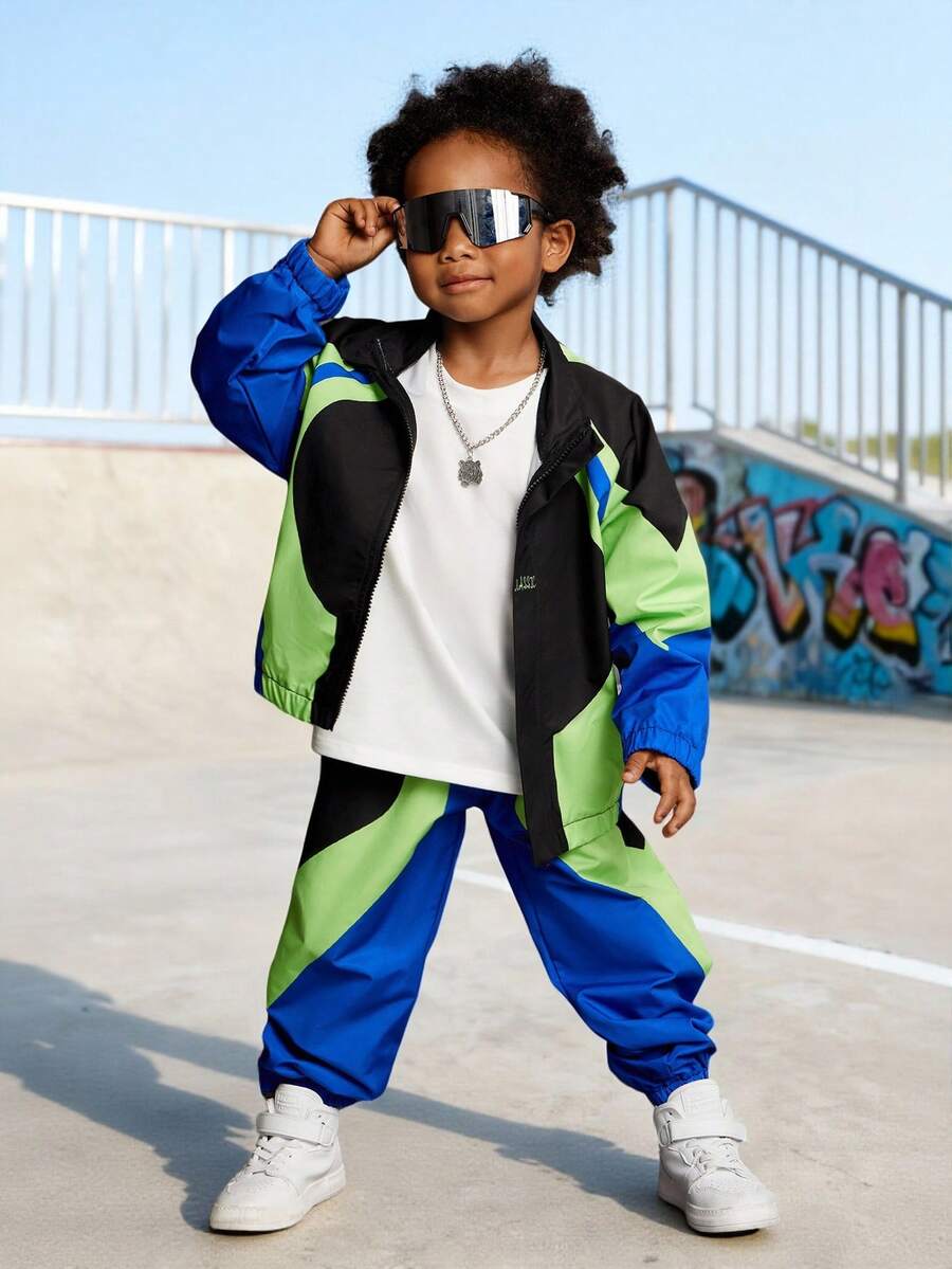 SHEIN Explorewe 2pcs Young Boy Casual Colorblock Jacket And Tapered Pants Set Chic Outfits For Autumn/Winter - Multicolor - View 1