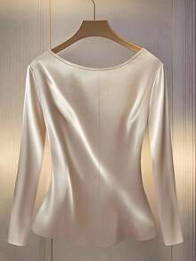 SHEIN PETITE CURVE 大码娇小女式亮面长袖衬衫，通勤百搭，侧边褶裥纽扣设计，垂褶优雅女式衬衫，优雅缎面女式衬衫 - 香檳色 - 查看 2