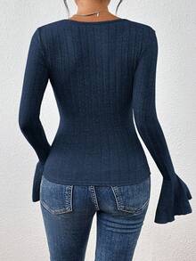 SHEIN Essnce Áo thun nữ cổ vuông tay loe màu trơn có gân ôm sát - Màu xanh hải quân - Xem 2