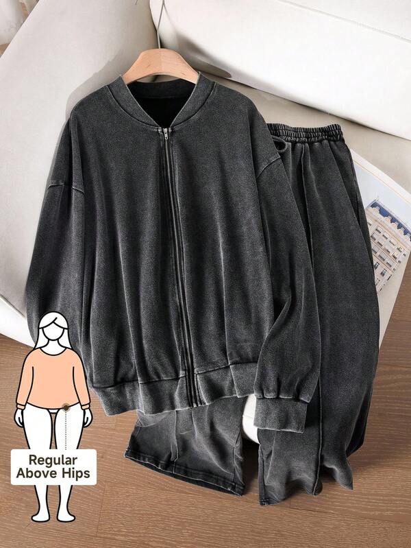 CosyJoli Conjunto de chaqueta de béisbol casual lavada con estampado de copos de nieve y pantalones de corte relajado para tallas grandes