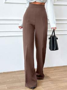 SHEIN Tall Pantalon décontracté ample taille haute de grande taille pour femmes, couleur unie, longueur intégrale - Tabac - Voir 1