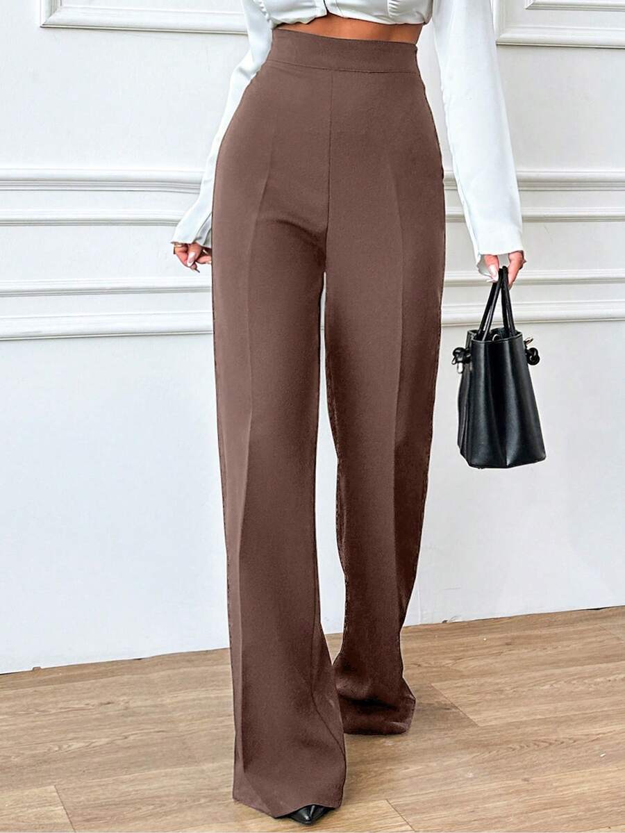 SHEIN Tall Pantalon décontracté ample taille haute de grande taille pour femmes, couleur unie, longueur intégrale - Tabac - Voir 1