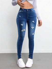 Jeans de Tiro Alto para Mujer - Pantalones de Campana de Denim Elástico Azul Elegante con Diseño Clásico de Cinco Bolsillos, Tejido de Poliéster Cómodo para Uso Diario - Azul - Ver 3
