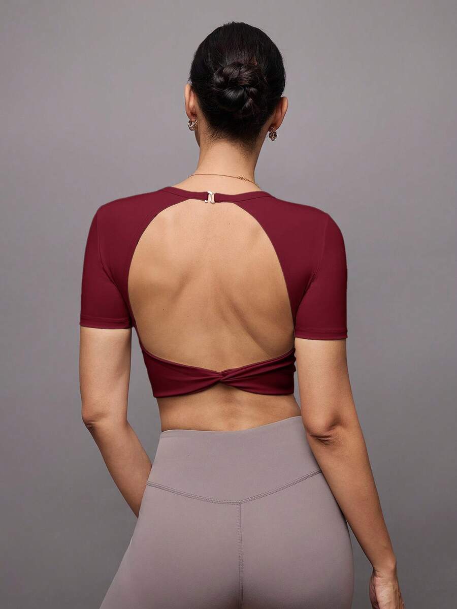 Activina Áo thun thể thao ngắn tay hở lưng màu trơn gợi cảm tối giản dành cho nữ - Đỏ - Xem 1