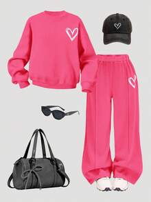 Young Girl Casual Heart Print Knit Solid Color Loose Drop Shoulder Long Sleeve Sweatshirt And Wide Leg Sweatpants Set Sweats For Girls Young Girls Girl 2 Piece Sets