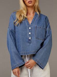 Athîral Denim Women's Casual Everyday Workwear Blue Denim Top With A Turn-Down Collar And Half-Button Design,Loose Fit, Flared Sleeves, Cropped Denim Top,Blue Denim Top With V-Neck Design,Casual For Women,New Year - Blue - View 4