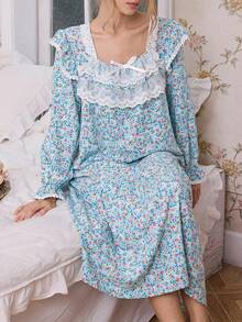 CottageSlumber French Countryside Romantic Ruffle Ditsy Floral Women Nightgown Sleepwear Pajamas Dress, Fall & Winter - Multicolor - View 1