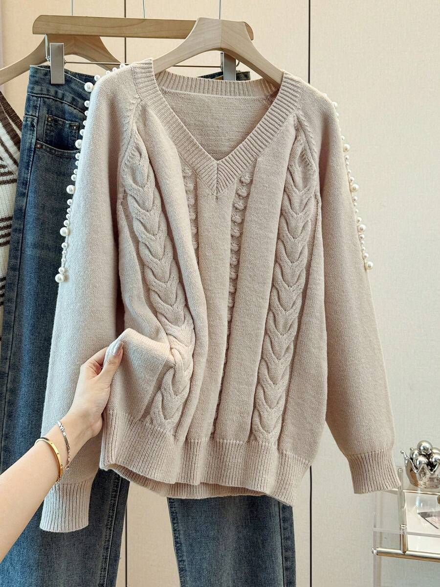 Franclia 女士休闲圆领麻花针织珍珠装饰宽松套头毛衣，适合秋冬季穿着 - 駝色 - 查看 1