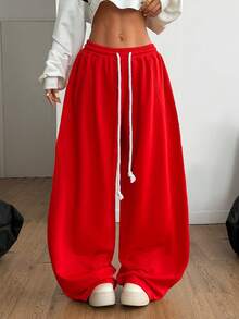Coolane Women's Summer Streetwear Going Out Break Oversized Elastic Waistband Comfortable Scimitar Pants - Red - View 3