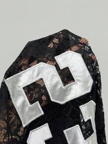 Coolane Áo thun Jersey cỡ lớn in họa tiết thêu ren tương phản Y2K Gyaru Fairycore dành cho cặp đôi mùa hè đường phố dành cho nam và nữ - Đen và trắng - Xem 7