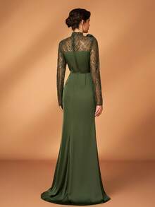 Serin Mesh Patchwork 3D Floral Decor Stand Collar Fitted Long Sleeve Dress, Suitable For Bride Mother Formal Gown - Green - View 5