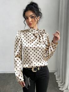 Rafferiza Women's Polka Dot Print Elegant Tie Collar Puff Sleeve Blouse Polka Dot Shirt Puff Sleeve Tops - Multicolor - View 6