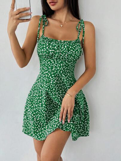 Breezaya Vestido corto de mujer con tirantes finos y estampado floral ditsy