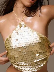 MUSERA Halterneck Oversized Sequin Pointed Hem Top Co-Ord Top Only Autumn Fall Winter Night Out Elegant Sexy Christmas Party Occasion