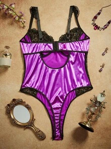 Spicy Aura Plus Size Women Contrast Lace Sexy Lingerie Bodysuit - Purple - View 8