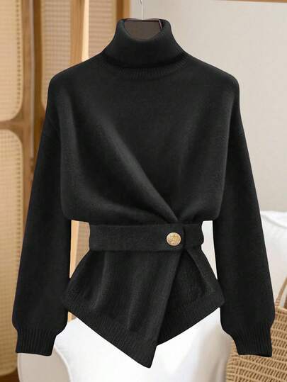 Franclia 女士优雅高领宽松收腰不对称下摆套头毛衣，冬季