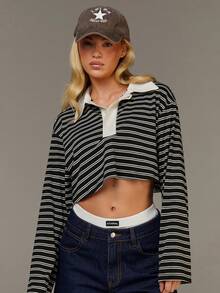 Athîral 女士休闲条纹 Polo 领落肩长袖短款 T 恤 - 彩色 - 查看 3