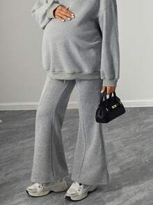 Momance Casual Solid Color Drawstring Waist Decor Belly Support Flare Maternity Sweatpants - Grey - View 7