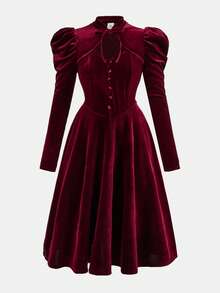 少女优雅酒红色天鹅绒高领羊腿袖纽扣腰A字长裙 - 酒紅色 - 查看 1