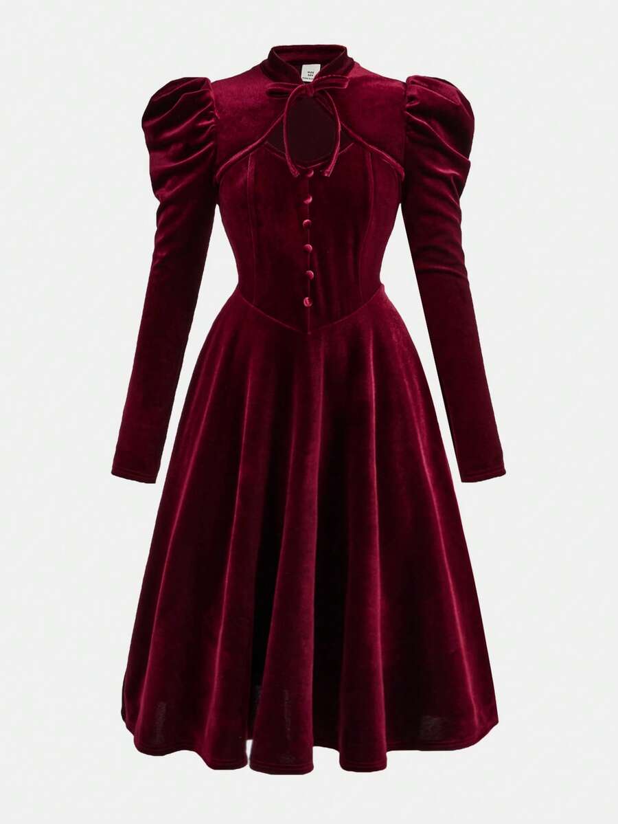 少女优雅酒红色天鹅绒高领羊腿袖纽扣腰A字长裙 - 酒紅色 - 查看 1