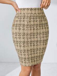 SHEIN Clasi 女士优雅仿皮口袋金属扣半身裙，适合通勤、日常休闲穿着，夏季款 - 卡其色 - 查看 5