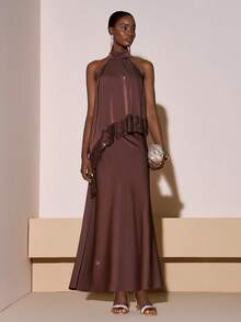 Zivah 2025秋冬新款优雅通勤休闲棕色缎面材质小高领露肩蕾丝拼接背心+高腰鱼尾裙女两件套，适合节日、新年、圣诞节、日常出行、通勤、购物、派对、婚礼宾客服装、旅行、机场穿搭、约会、休闲、购物、夜店、度假等场合。 - 棕色 - 查看 5