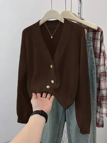 SHEIN Teen Girls' Solid V-Neck Cropped Casual Loose Drop Shoulder Long Sleeve Cardigan Sweater, Autumn - Brown - View 7