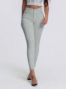 SHEIN Essnce 女士纯色简约日常牛仔裤 - 淺灰色 - 查看 3