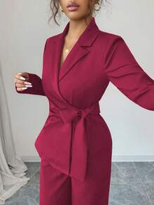 SHEIN Elenzya 女款優雅酒紅色兩件套，秋季長袖繫帶前襟V領裹身上衣搭配寬鬆直筒長褲，職場辦公專業套裝 - 玫紅色 - 查看 4