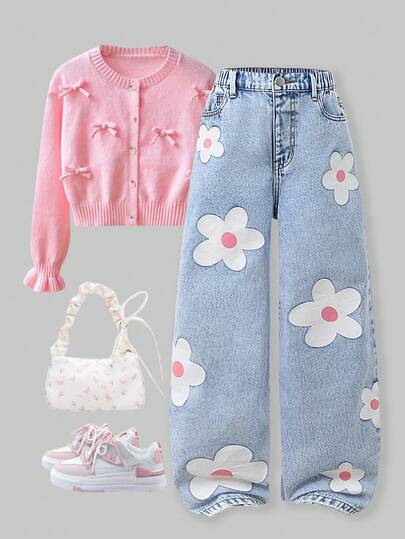 SHEIN ChillGRL Tween Girls Jeans, Y2K Style, Wide Leg, Comfortable Cotton Denim, Floral Print Decor, Suitable For Casual, School, Commute, Party, Travel, Back To School, New Autumn Collection, Can Be Paired With Long Sleeve Tops