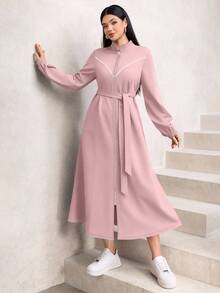 Graceveil Elegant Waist Cinched Long Sleeve Stand Collar Minimalist Design Outerwear, Flattering Fit, Suitable For Autumn/Winter Abayas - Pink - View 7