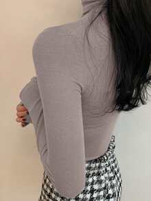 DAZY Women's High Neck Solid Color Long Sleeve Casual Fitted Base Layer T-Shirt - Grey - View 2