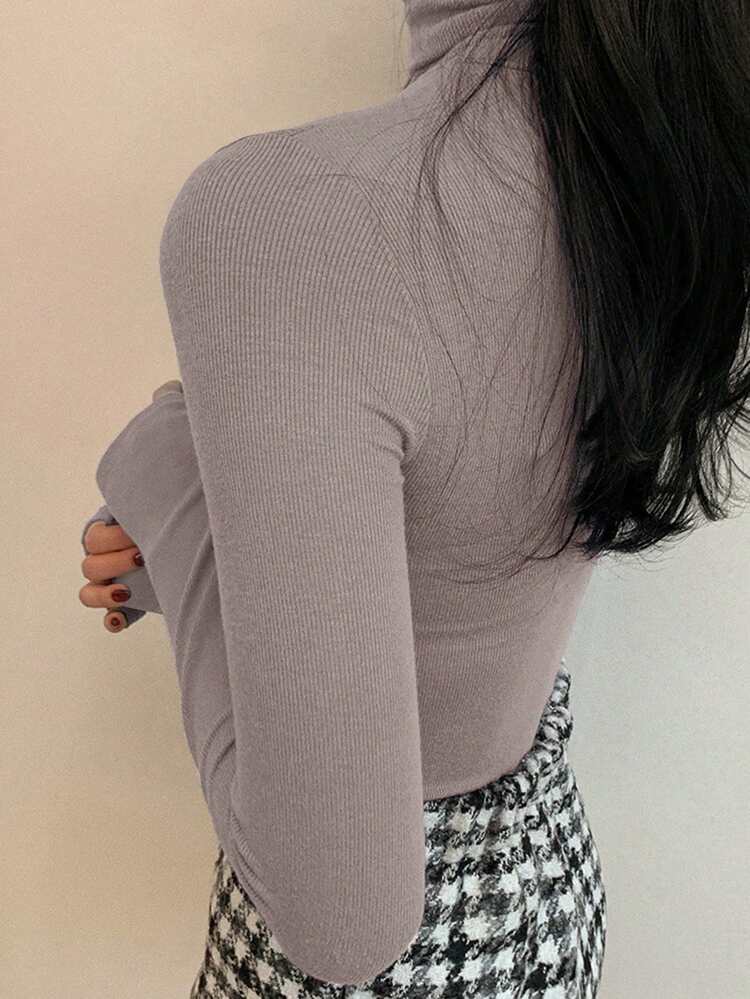 Women's High Neck Solid Color Long Sleeve Casual Fitted Base Layer T-Shirt