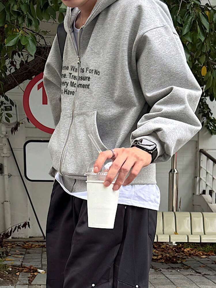 Heavy Thick Letter Print Hoodie Sweatshirt For Men, Grey, Autumn/Winter