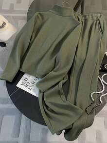 Franclia 2025秋冬新款休闲运动套装女时尚修身简约抓绒拉链连帽衫阔腿裤两件套 - 軍綠色 - 查看 2