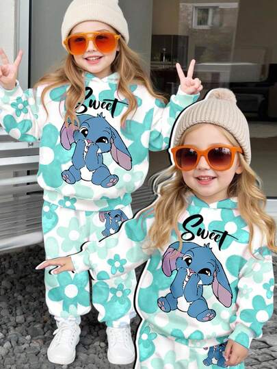 可爱卡通蓝色兔子针织图案，绿色渐变花卉图案，运动套装，复古甜美风，女婴休闲宽松舒适柔软针织连帽卫衣和裤子套装，适合秋冬季穿着