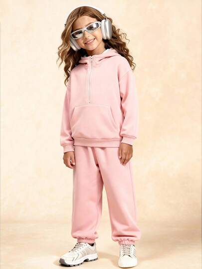 SHEIN Explorewe Tween Girl Solid Color Long Sleeve Zip-Up Hoodie And Sweatpants Casual Outfit, Autumn