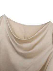 SHEIN PETITE CURVE 大码娇小女式亮面长袖衬衫，通勤百搭，侧边褶裥纽扣设计，垂褶优雅女式衬衫，优雅缎面女式衬衫 - 香檳色 - 查看 6