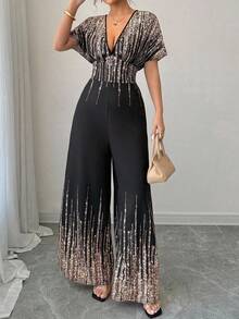 SHEIN Tall CURVE 大码女式条纹深V领蝙蝠袖性感连体裤 - 黑色 - 查看 5