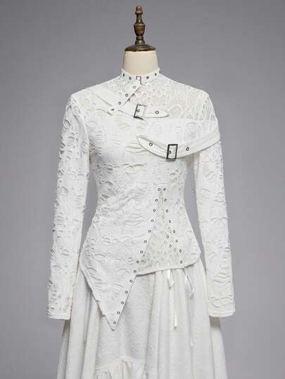 Goth Top corto asimmetrico in stile punk gotico, con patch in rete nera e motivo floreale