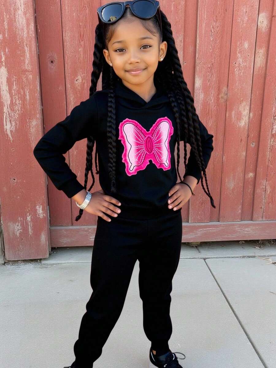 Young Girls Butterfly Pattern Hooded Long Sleeve Casual Sweatshirt Set - Black - View 1