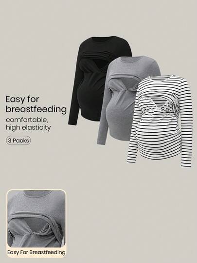 Modmama Women Plus Size Maternity Nursing Tops, Comfy Long Sleeve Breastfeeding T-Shirt, Autumn Apparel