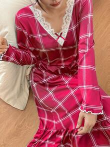 SHEIN 女士内衣睡衣，玫红色格子印花荷叶边蕾丝V领蝴蝶结丝滑长款睡裙，休闲日常中长连衣裙，宽松睡裙 - 玫紅色 - 查看 4
