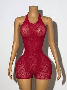 EgrlEra Wine Red Sexy Punk Style Halter Neck Bodysuit - Burgundy - View 1