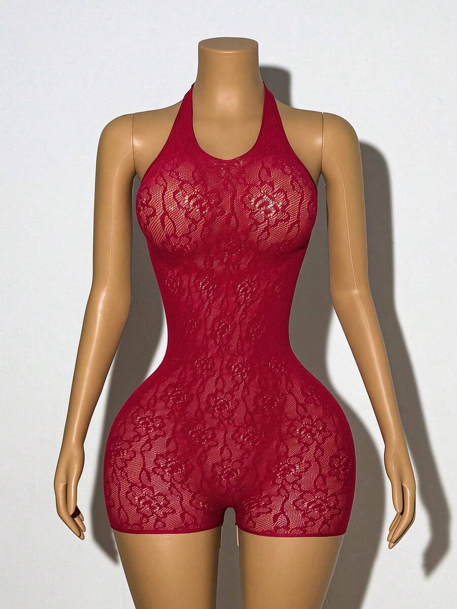 EgrlEra Wine Red Sexy Punk Style Halter Neck Bodysuit - Burgundy - View 1